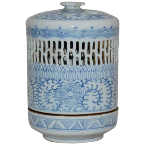 Early 1900s Blue and White Asian Pierced Ceramic Incense Burner