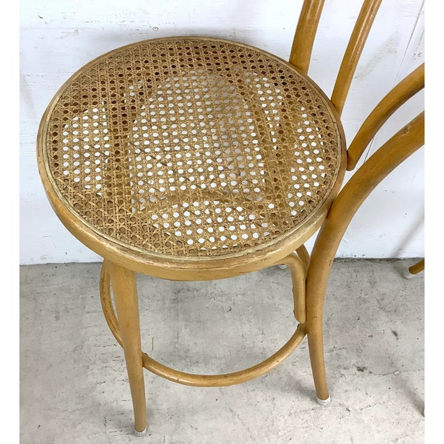 Wood Pair Vintage Thonet Style Cane Seat Barstools For Sale - Image 7 of 13