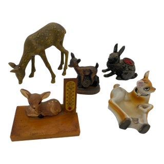 Mid 20th Century Ceramic Copper Wood Deer Figural Collection, Lot of 5 For Sale