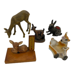 Mid 20th Century Ceramic Copper Wood Deer Figural Collection, Lot of 5