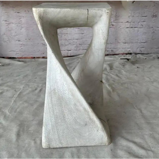 Gray Organic Modern Hand-Carved Bleached Mahogany Pedestal Side Table For Sale - Image 8 of 8