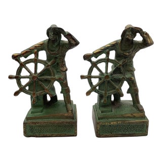 Mid 20th Century Nautical Themed Men and Ship Wheel Brass Bookends - a Pair For Sale
