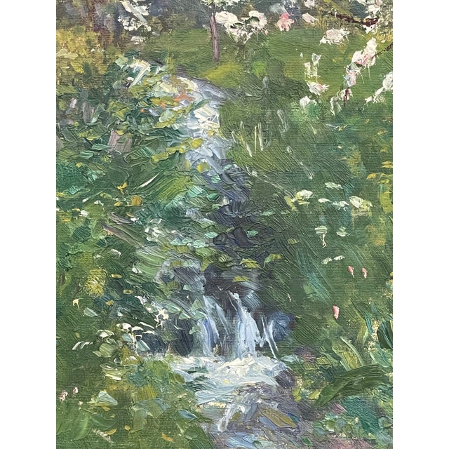 Green Vintage Impressionist Spring Landscape Painting With Stream in Gilt Toned Frame - Signed For Sale - Image 8 of 10