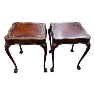 Pair of Embossed Leather and Carved Wood Side Tables For Sale