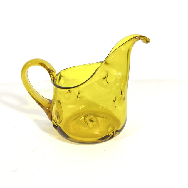 Mid-Century Modern Mid Century Modern Amber Art Glass Pitcher With Pinched Hand Blown Glass and a Large Lip For Sale - Image 3 of 9