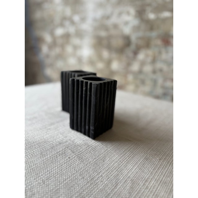 Art Deco Set of 2 Fluted Black Marble Tea Light Holders For Sale - Image 3 of 5
