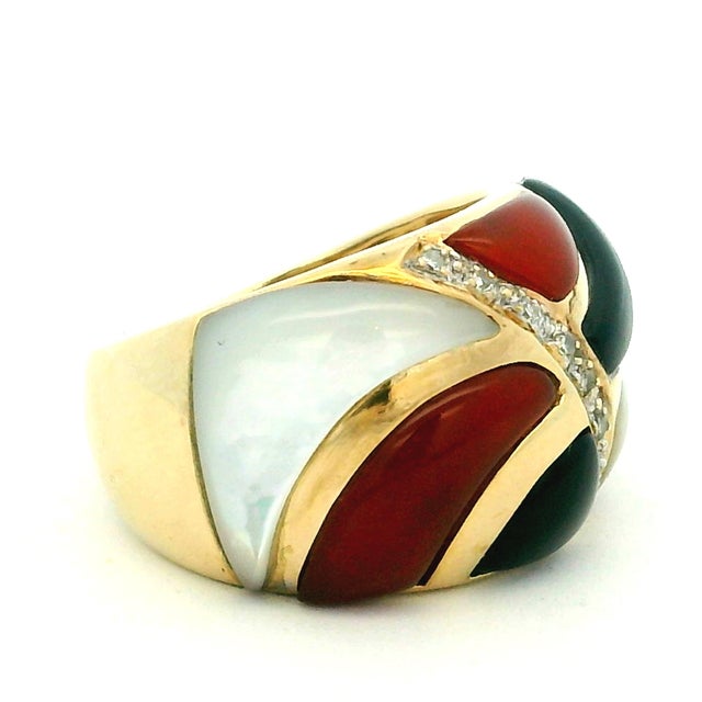 1990s Italian 14k Gold Mother-of-Pearl, Carnelian, Onyx & Diamond Statement Ring, Size 6.5 For Sale - Image 10 of 13