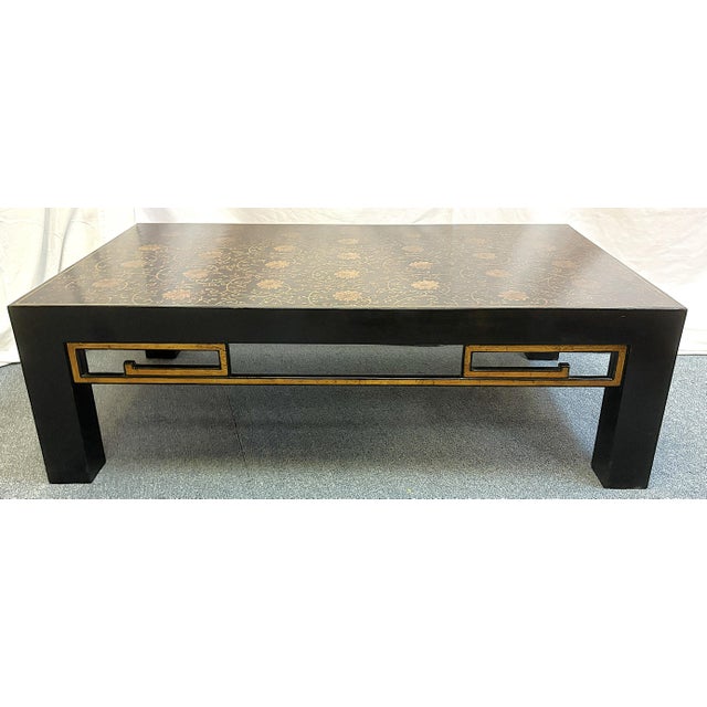 Vintage Chinoiserie Style Black Lacquer Coffee Table With Gold Floral Designs For Sale - Image 9 of 18