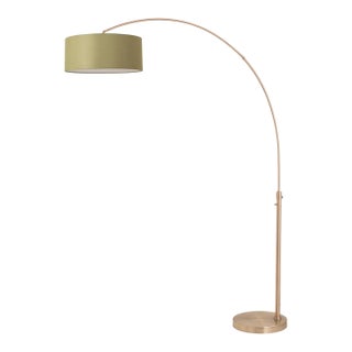 1960s 92" Mid Century Float Brass Floor Lamp Modern Arc Lamp, Avocado Linen Drum Shade, Dimmable, Living Room For Sale