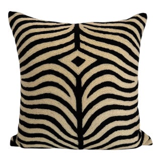 Handmade Kashmiri Crewel Zebra Pattern Wool Pillow Cover Global Chic 18 X 18 For Sale