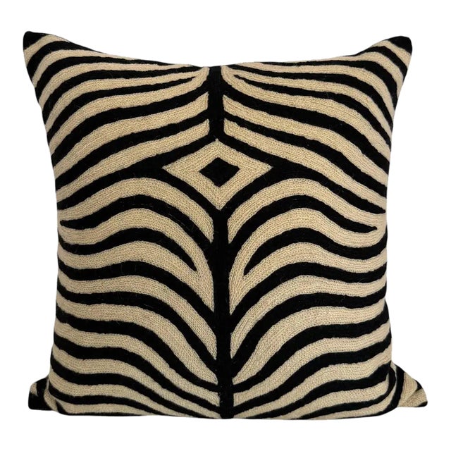 Handmade Kashmiri Crewel Zebra Pattern Wool Pillow Cover Global Chic 18 X 18 For Sale