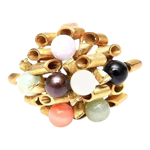 Vintage 14k Gold, Jade, Amethyst, Coral, Black and White Onyx Cluster Dome Ring