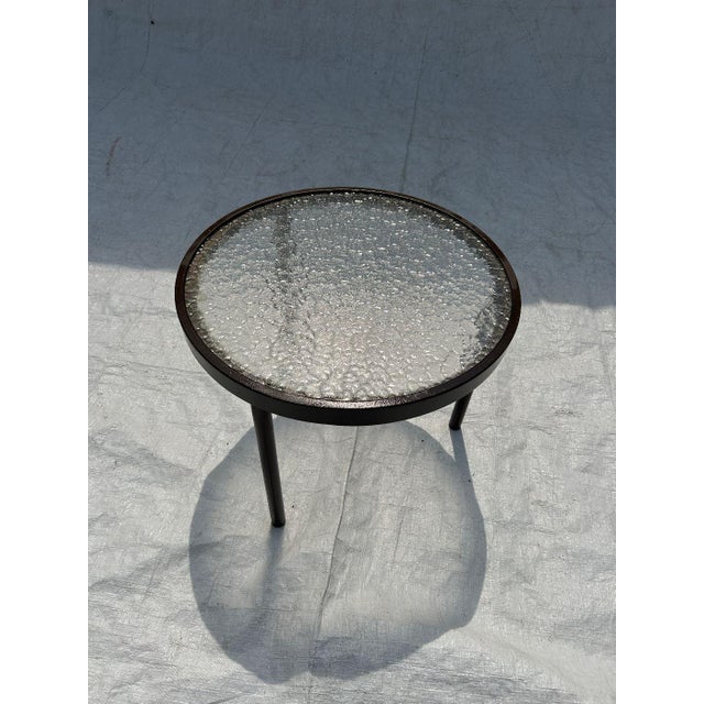 Contemporary Brown Frame With Textured Glass Top Marked "Tropitone " Outdoor Side Table Made in USA , in excellent...