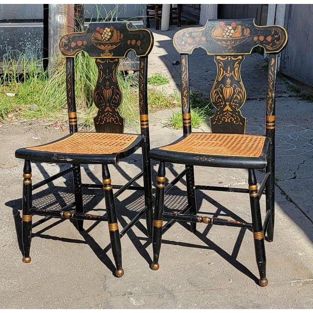 18thc Pair of Stenciled Pair of Cane Seat Chairs For Sale - Image 4 of 11