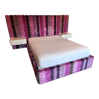Custom Upholstered Queen Size Bed With Oversized Headboards and Built in Nightstands For Sale