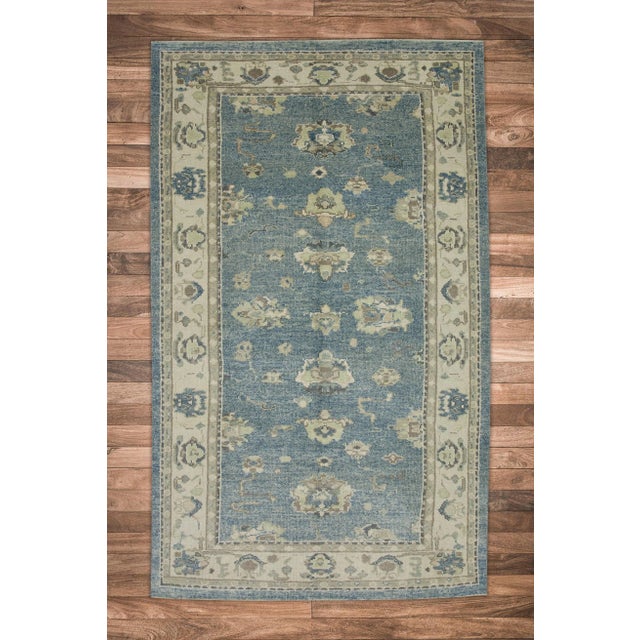 Early 21st Century Blue Floral Design Handwoven Wool Turkish Oushak Rug 5'2" X 8'3" For Sale In Houston - Image 6 of 7