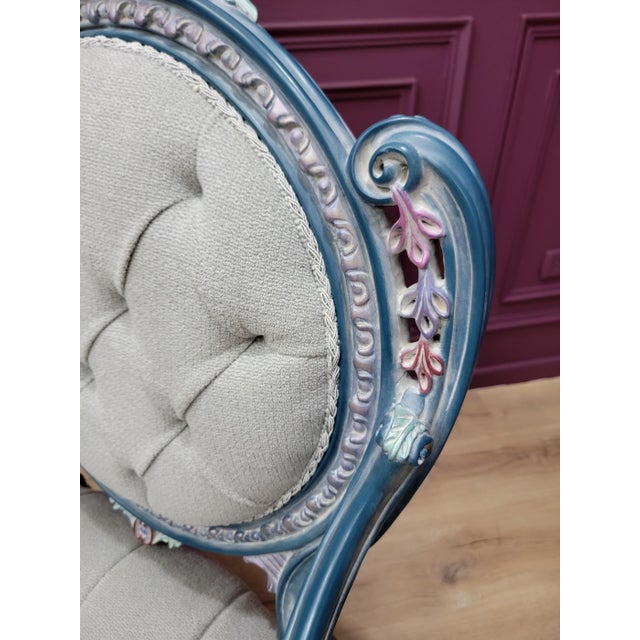 1970s French Provincial Living Room Set | Hand Carved Baroque Sofa & Armchairs | Blue and Rose Gold Ornate Tufted 4-Piece Set For Sale - Image 11 of 18