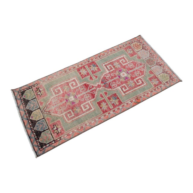 Hand-Knotted Turkish Petite Rug Low Pile Faded Colors DoorMat Yastik Rug - 20'' X 44'' For Sale - Image 4 of 13