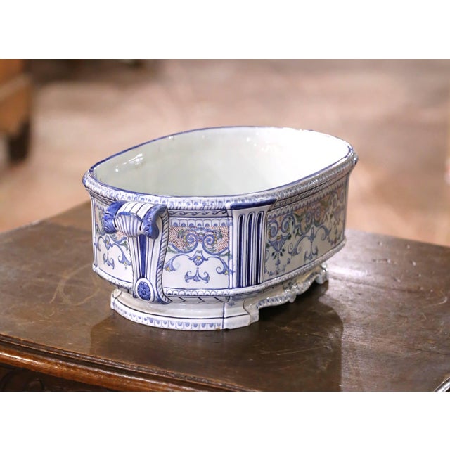 Early 20th Century French Desvres Faience Jardinière With Mask Handles and Scrollwork For Sale - Image 4 of 9