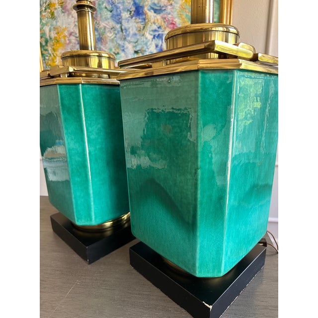 Metal Pair of Stiffel Mid-Century Turquoise Jade Lamps W/ Antique Brass Hardware & Milk Glass Shades, Designed by Edwin Cole, Provenance the Broadmoor Hotel For Sale - Image 7 of 7