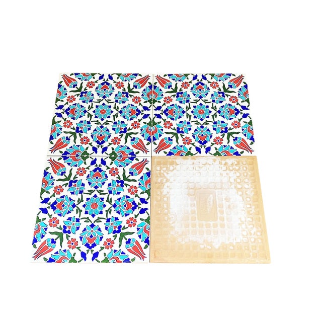 Turkish Iznik Red & Blue Floral Pattern Ceramic Tile For Sale - Image 4 of 6