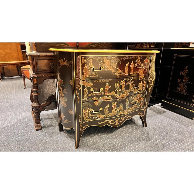 A stunning vintage chinoiserie black lacquer chest of drawers by Drexel, part of the sought-after Et Cetera collection....
