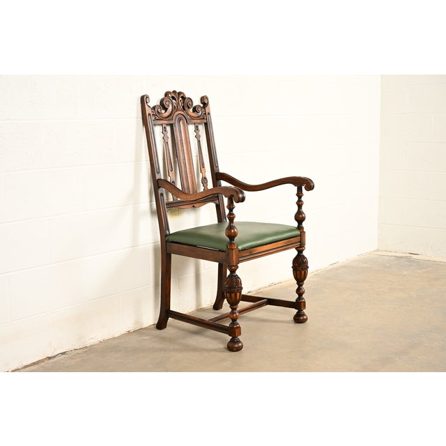 English Berkey & Gay Antique English Jacobean Carved Walnut Armchair, Circa 1920s For Sale - Image 3 of 15