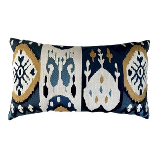 Callisto Home, Crewel and Velvet Ikat Lumbar Pillow in Blue, Tan, White. For Sale