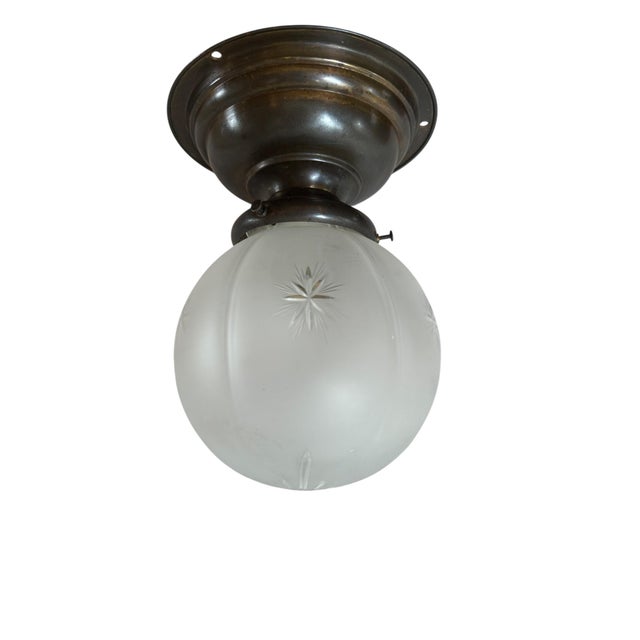 American Frosted Wheel Cut Star and Wheat Pattern Melon Globe on Old Brass Holder, Circa 1910 For Sale - Image 3 of 4