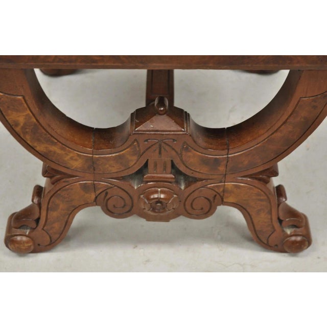 Blue Antique Eastlake Victorian Burl Walnut Carved Curule Footstool Ottoman Stool For Sale - Image 8 of 11