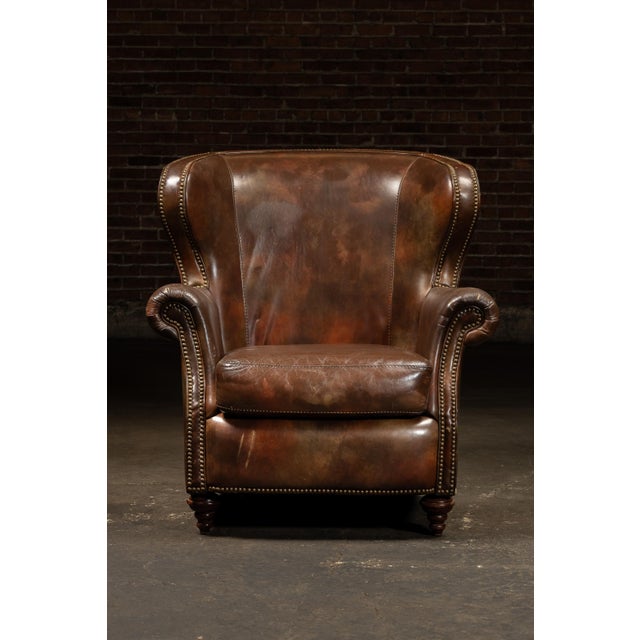 Wood Vintage Wingback Leather Chair With Pillow, Ottoman by Walter E. Smithe For Sale - Image 7 of 18