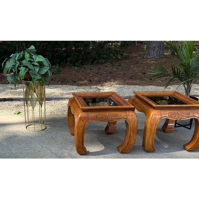 Wood 3-Piece Ming-Style Coffee & Side Table Set, 1970s Hollywood Regency Chinoiserie, Glass Tops, Sculptural Legs For Sale - Image 7 of 8