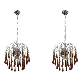 1980s The Amber Crown, Murano Chandelier Amber and Crystal Drops - Set of 2 For Sale