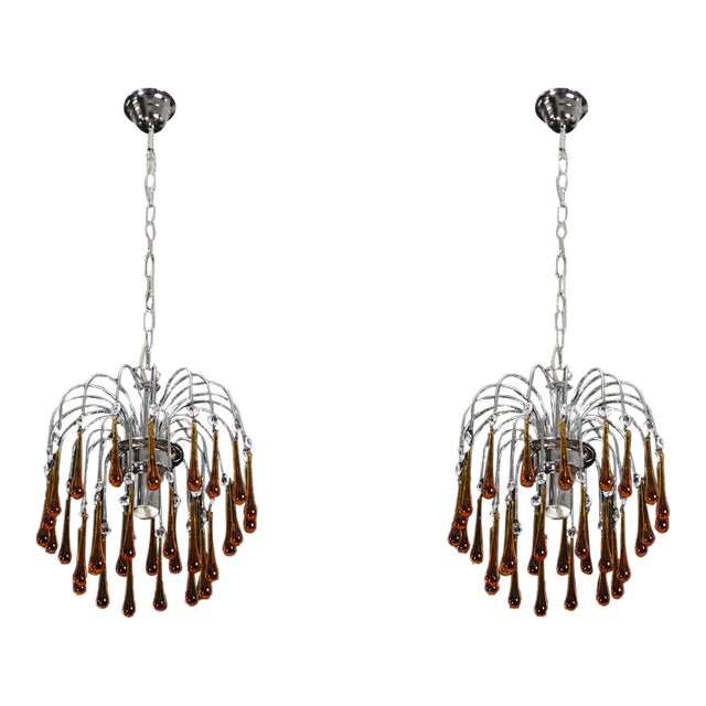 1980s The Amber Crown, Murano Chandelier Amber and Crystal Drops - Set of 2 For Sale