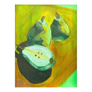 Contemporary Green Pear Still Life Painting, Acrylic on Paper, 9x12 For Sale