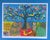 This vibrant lithograph depicts a whimsical scene of nature. A colorful tree, adorned with apples and birds, stands at the...
