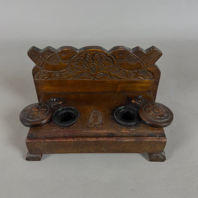 Wood Vintage Double Inkwell Desk in Carved Wood with Glass Trays, 1940s For Sale - Image 7 of 12