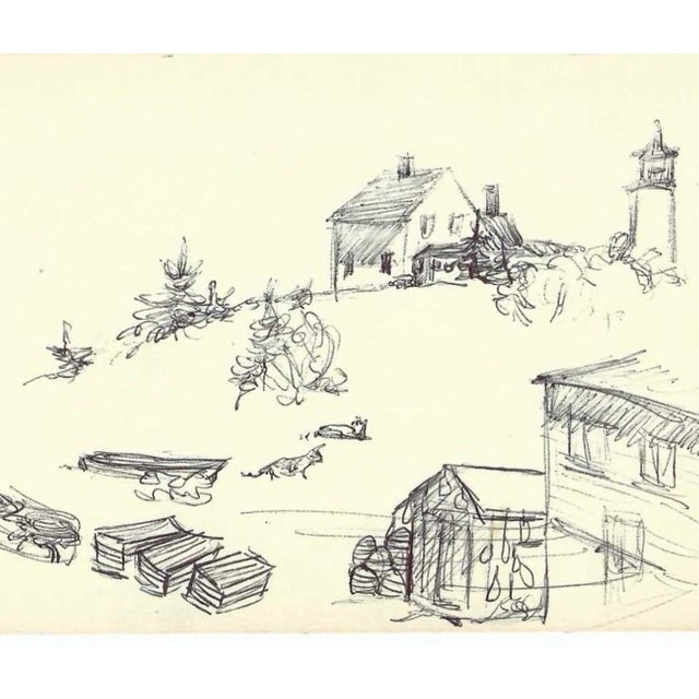 Coastal drawing of a lighthouse and lobster traps by Robert Henry Angeloch (1922-2011). The drawing is not titled and...