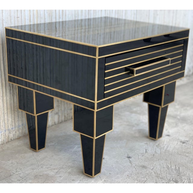 New Pair of Mirrored Low Nightstand in Black Mirror and Chrome with Drawer For Sale - Image 4 of 18