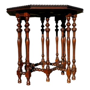 Antique 1920’s Jacobean Style Octagon Walnut Banded Inlay Sunburst Side Lamp Table