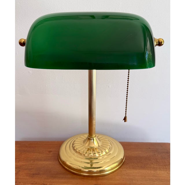 Vintage Brass Emeraldite Glass Shade Bankers Lamp For Sale - Image 9 of 9