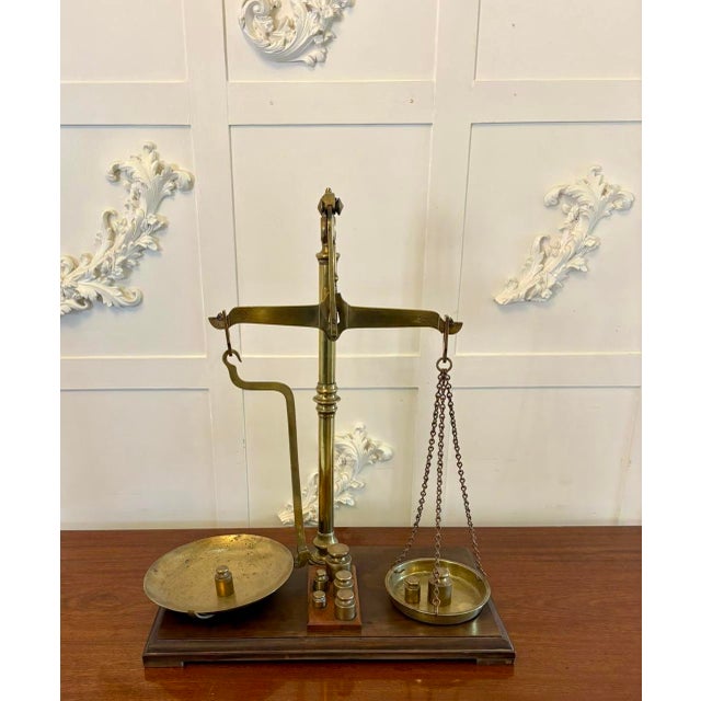 Antique Victorian Apothecary Balance Scales in Brass and Mahogany with Weights from Day & Millward, 1880, Set of 10 For Sale - Image 14 of 14