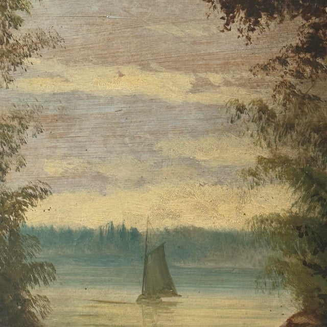 Antique Folk Art Seascape with Sailboat Oil on board Dimensions: 17 x 13.6 inches Medium: Oil on board Framing: Original...