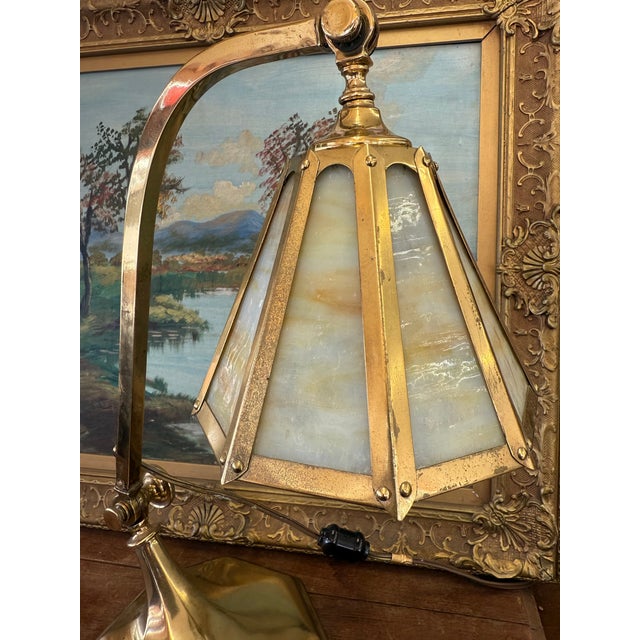 Antique Arts and Crafts Brass and Slag Stained Glass Lamp c.1910 by Salo Metal Arts Company For Sale - Image 4 of 11