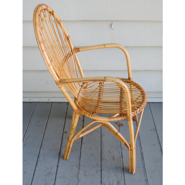 Mid-Century Modern Vintage Arm Chair Rattan Bamboo Fan Back 1960's For Sale - Image 3 of 4