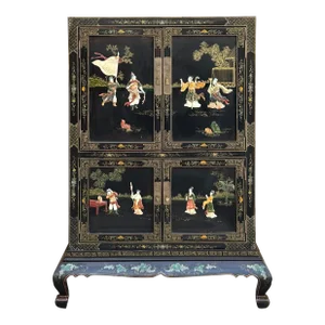 Vintage Chinoiseries Black & Stone Inlay Graphic Credenza Storage Cabinet