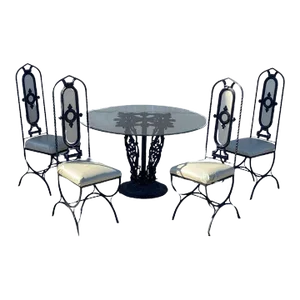 1960s Vintage Hollywood Regency Curule Chair Wrought Iron Round Dining Set - 5 Pc Set