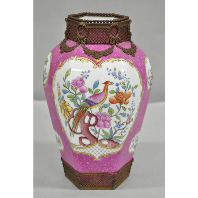 Antique Chinoiserie Pink French Porcelain German Ormulu Bird Painted Vase For Sale - Image 11 of 11