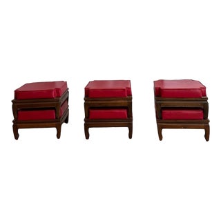 1970s Vintage Teak Red Leather Ottomans, Set of 6 For Sale