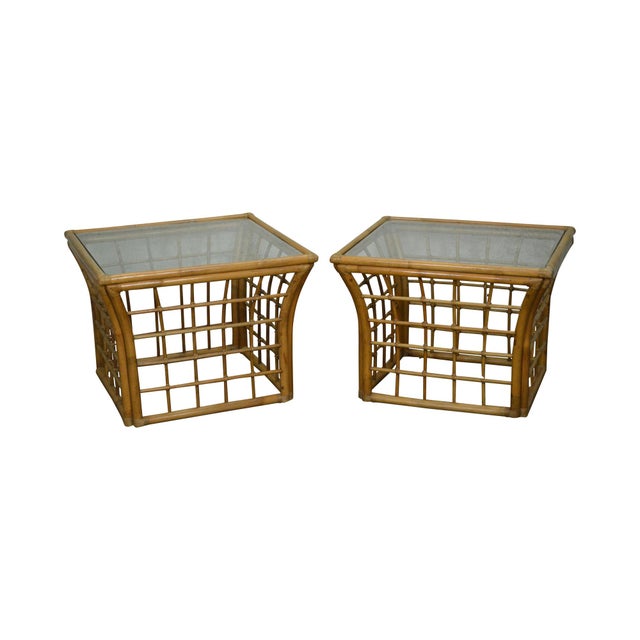 MidCentury Rattan Bamboo Glass Top Side Tables A Pair Chairish